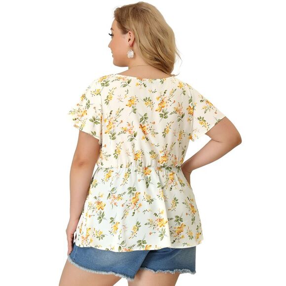 Plus Size Peplum Tops Women Flare Sleeve Sweetheart Neck Floral Blouses White - Picture 5 of 6